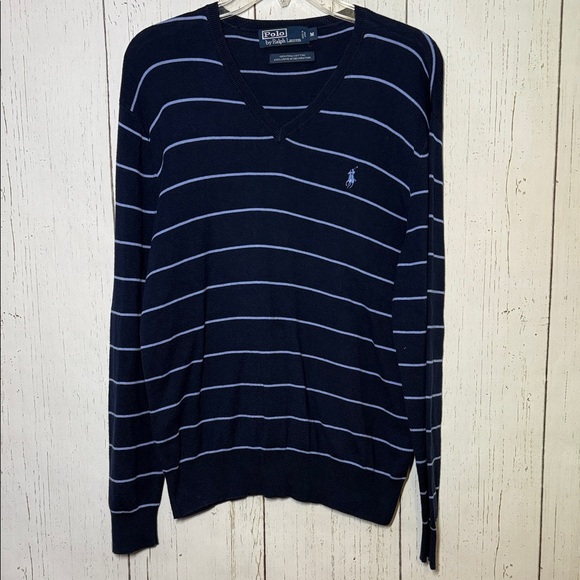 Polo Ralph Lauren Blue Striped Ribbed V Neck Sweater Size Medium - Picture 1 of 3